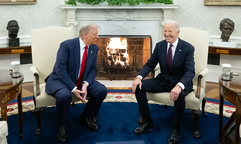 US President Joe Biden meets with US President-elect Donald Trump in the Oval Office of the White House in Washington, DC, on November 13, 2024. Trump thanked Biden for pledging a smooth transfer of power as the victorious Republican made a historic return visit to the White House on Wednesday. (Photo by SAUL LOEB / AFP) (Photo by SAUL LOEB/AFP via Getty Images)