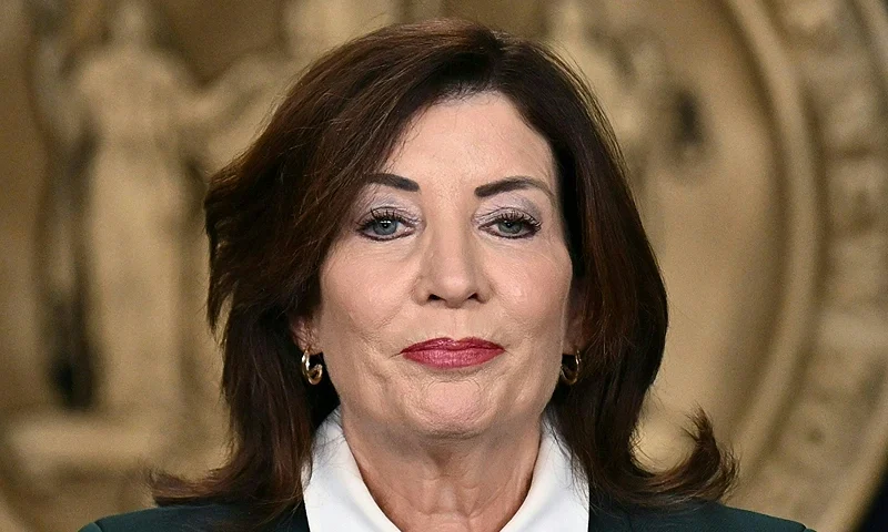 New York Governor Kathy Hochul speaks during a press conference regarding congestion pricing in New York City on November 14, 2024. New York said Thursday it will revive a controversial scheme to charge drivers entering parts of the city, a first in the United States, putting local authorities on a collision course with President-elect Donald Trump. (Photo by ANGELA WEISS / AFP) (Photo by ANGELA WEISS/AFP via Getty Images)
