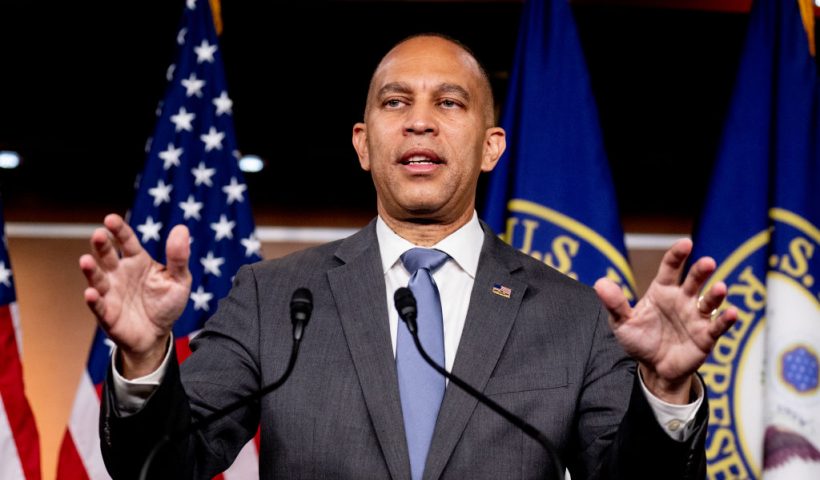 WASHINGTON, DC - NOVEMBER 15: House Minority Leader Hakeem Jeffries (D-NY) speaks at a news conference on Capitol Hill on November 15, 2024 in Washington, DC. Jeffries discussed the results of the election, climate change, U.S. President-elect Donald Trump's cabinet picks thus far, and other topics. (Photo by Andrew Harnik/Getty Images)