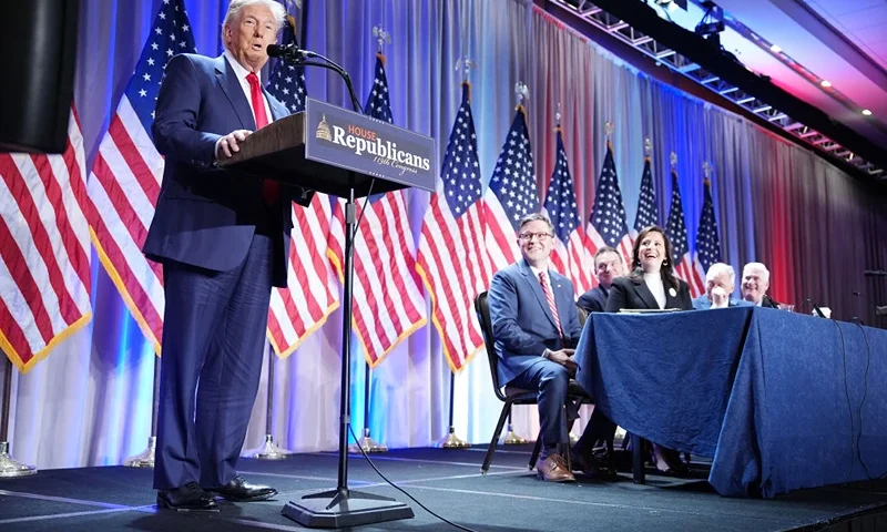 WASHINGTON, DC - NOVEMBER 13: U.S. President-elect Donald Trump speaks at a House Republicans Conference meeting at the Hyatt Regency on Capitol Hill on November 13, 2024 in Washington, DC. As is tradition with incoming presidents, Trump is traveling to Washington, DC to meet with U.S. President Joe Biden at the White House as well as meet with Republican congressmen on Capitol Hill. (Photo by Andrew Harnik/Getty Images)