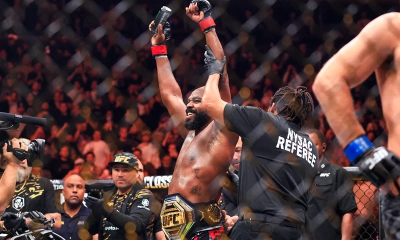 US MMA fighter Jon Jones reacts after his TKO victory against US MMA fighter Stipe Miocic in their heavyweight title bout during UFC 309 at Madison Square Garden in New York, November 16, 2024. (Photo by Kena Betancur / AFP) (Photo by KENA BETANCUR/AFP via Getty Images)
