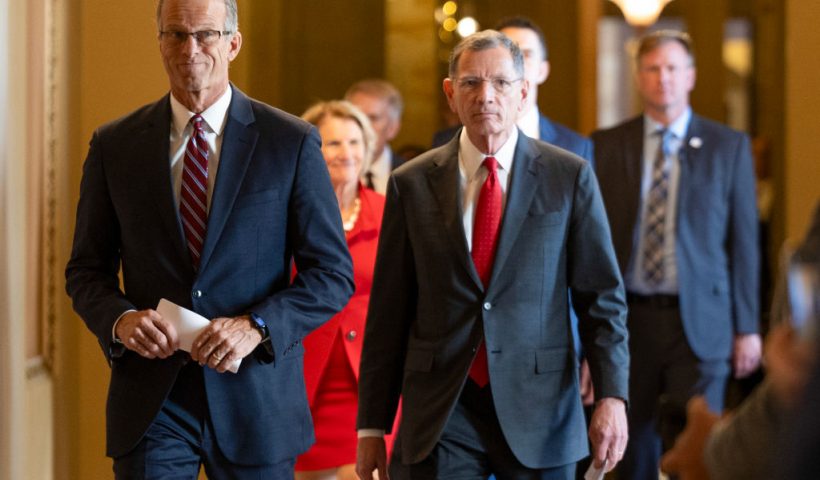 WASHINGTON, DC - NOVEMBER 13: U.S. Sen. John Thune (R-SD) and U.S. Sen. John Barrasso (R-WY) walk after Thune was elected Senate Majority Leader for the 119th Congress following the Senate Republican leadership elections at the U.S. Capitol on November 13, 2024 in Washington, DC. The Senate Republicans elected Sen. John Thune (R-SD) as Majority Leader, Sen. John Barrasso (R-WY) as Assistant Majority Leader, Sen. Tom Cotton (R-AR) as Republican Conference Chair, Sen. Shelley Moore Capito (R-WV) as Republican Policy Committee Chair, Sen. James Lankford (R-OK) as Republican Conference Vice Chair and Sen. Tim Scott (R-FL) as National Republican Senatorial Committee Chair. (Photo by Tasos Katopodis/Getty Images)