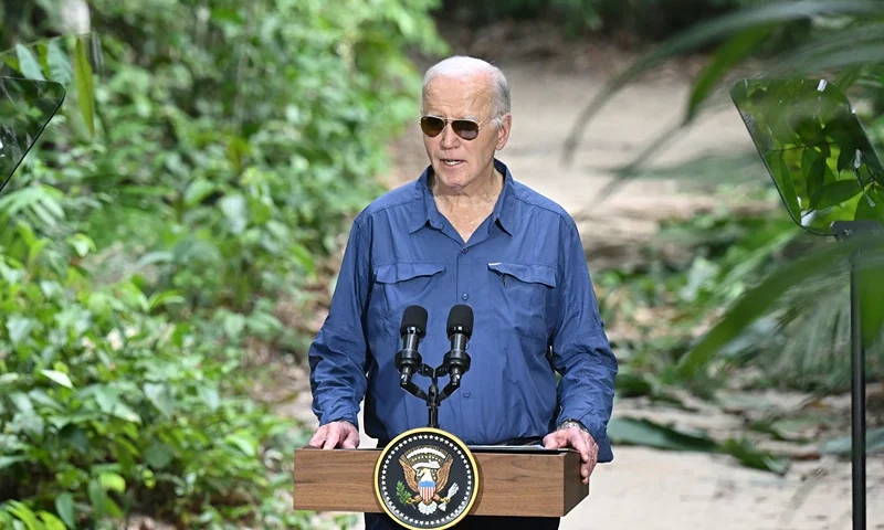 US President Joe Biden speaks after signing a proclamation designating November 17 as International Conservation Day during a tour of the Museu da Amazonia as he visits the Amazon Rainforest in Manaus, Brazil, on November 17, 2024, before heading to Rio de Janeiro for the G20 Summit. (Photo by SAUL LOEB / AFP) (Photo by SAUL LOEB/AFP via Getty Images)