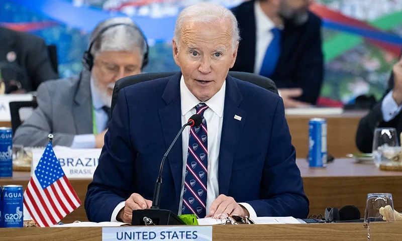 US President Joe Biden speaks during the second day of the G20 Summit at the Museum of Modern Art in Rio De Janeiro, Brazil, November 19, 2024. (Photo by SAUL LOEB / POOL / AFP) (Photo by SAUL LOEB/POOL/AFP via Getty Images)