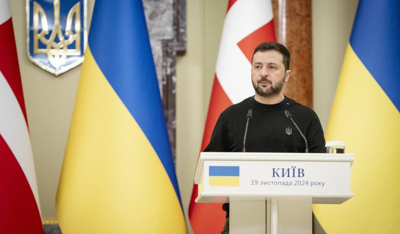 Ukraine's President Volodymyr Zelensky attends a joint press conference with Denmark's prime minister at the presidential palace in Kyiv, on November 19, 2024. (Photo by Mads Claus Rasmussen / Ritzau Scanpix / AFP) / Denmark OUT (Photo by MADS CLAUS RASMUSSEN/Ritzau Scanpix/AFP via Getty Images)