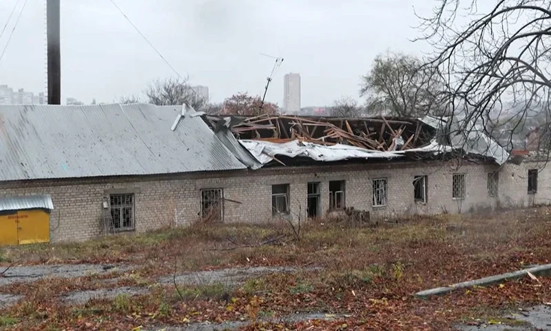 A grab taken from AFPTV footage shows significant damage on a rehabilitation centre for people with disabilities, following a Russian attack in the Ukrainian city of Dnipro on November 21, 2024. Kyiv accused Russia of launching an intercontinental ballistic missile attack at Ukraine for the first time on November 21, 2024 but without a nuclear warhead in a new escalation of the conflict. (Photo by AFP) (Photo by STR/AFP via Getty Images)