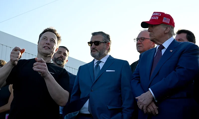 BROWNSVILLE, TEXAS - NOVEMBER 19: Elon Musk speaks with U.S. President-elect Donald Trump (R) and guests including Donald Trump Jr. (2nd from left), Sen. Ted Cruz (R-TX) (C) and Kevin Cramer (R-ND) at a viewing of the launch of the sixth test flight of the SpaceX Starship rocket on November 19, 2024 in Brownsville, Texas. SpaceX’s billionaire owner, Elon Musk, a Trump confidante, has been tapped to lead the new Department of Government Efficiency alongside former presidential candidate Vivek Ramaswamy. (Photo by Brandon Bell/Getty Images)