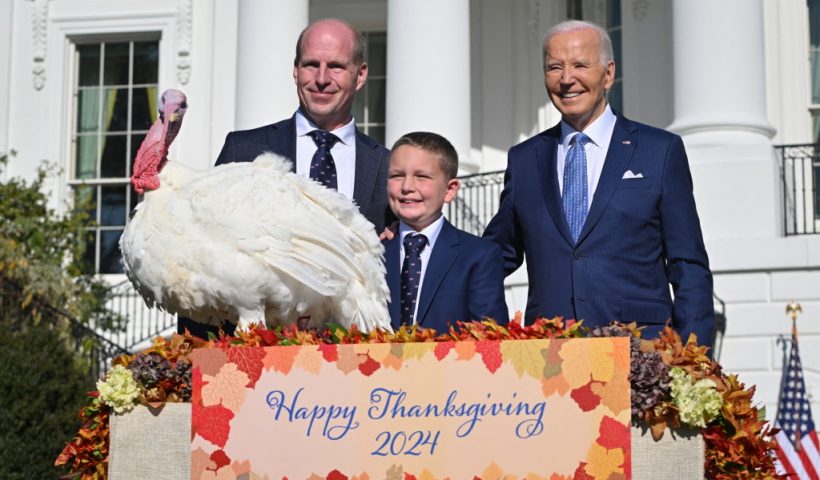 US President Joe Biden pardons Peach, the National Thanksgiving Turkey, alongside Chair of the National Turkey Federation John Zimmerman and his son Grant during an event on the South Lawn of the White House in Washington, DC, on November 25, 2024. The sparing of the wattle adorned gobbling poultry became tradition in 1989 when US President George HW Bush said, "But let me assure you, and this fine tom turkey, that he will not end up on anyone's dinner table, not this guy -- he's granted a Presidential pardon as of right now" and every US President since then has continued the act of mercy. (Photo by ROBERTO SCHMIDT / AFP) (Photo by ROBERTO SCHMIDT/AFP via Getty Images)