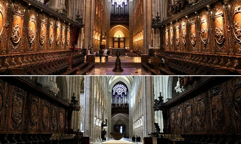 (COMBO) This combination of pictures created on November 29, 2024 shows the choir stalls of Notre-Dame Cathedral in Paris on June 26, 2018 (TOP) and on November 29, 2024 (BOTTOM). The Notre-Dame Cathedral is set to re-open early December 2024, with a planned weekend of ceremonies on December 7 and 8, 2024, five years after the 2019 fire which ravaged the world heritage landmark and toppled its spire. Some 250 companies and hundreds of experts were mobilised for the five-year restoration costing hundreds of millions of euros. (Photo by Ludovic MARIN and STEPHANE DE SAKUTIN / various sources / AFP) (Photo by LUDOVIC MARINSTEPHANE DE SAKUTIN/AFP/POOL/AFP via Getty Images)
