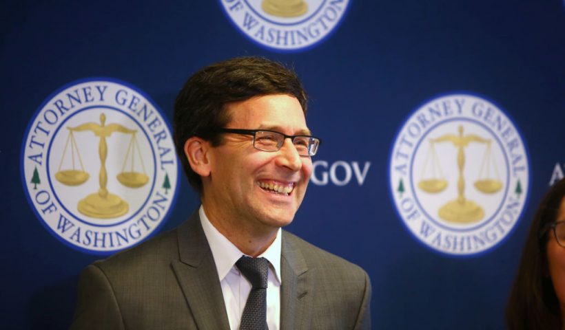 SEATTLE, WA - MARCH 09: Washington State Attorney General Bob Ferguson smiles when asked if his office had been contacted by the executive branch regarding this lawsuit, during a press conference announcing his decision on potential action regarding President Donald Trump's latest Executive Order on immigration on March 9, 2017 in Seattle, Washington. (Photo by Karen Ducey/Getty Images)