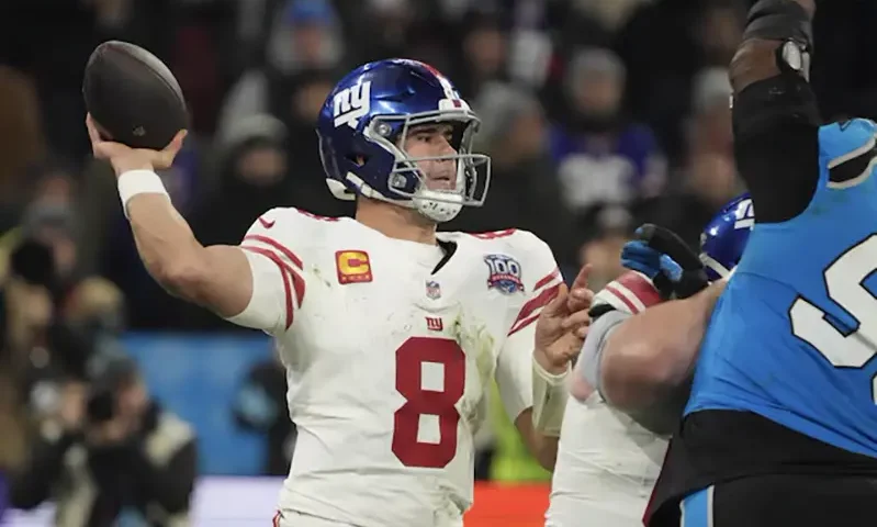 New York Giants quarterback Daniel Jones (8) throws the ball against the Carolina Panthers in the second half during the 2024 NFL Munich Game at Allianz Arena. Mandatory Credit: Kirby Lee-Imagn Images/File Photo