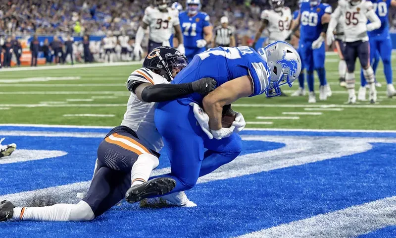Detroit Lions tight end Sam LaPorta (87) catches the ball for a touchdown in front of Chicago Bears cornerback Jaylon Johnson (1) during the first half at Ford Field. Mandatory Credit: David Reginek-Imagn Images
