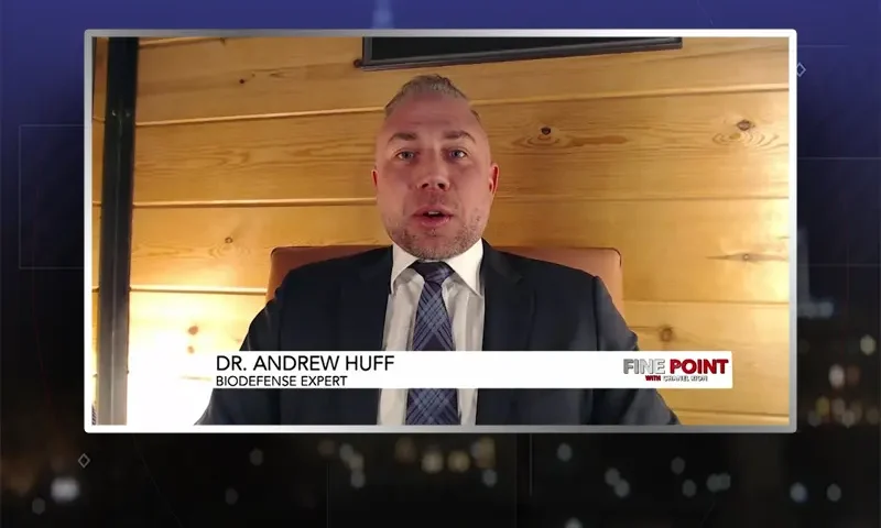 Video still from Fine Point on One America News Network during an interview with the guest, Andrew Huff.