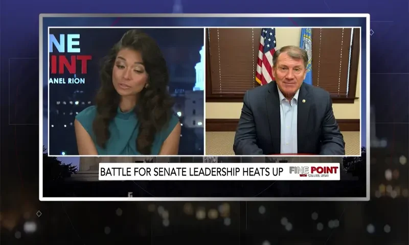 Video still from Fine Point on One America News Network showing a split screen of the host on the left side, and on the right side is the guest, Mike Rounds.