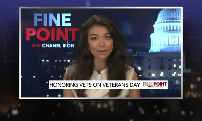 Video still of the host of Fine Point at the desk of their talk show on One America News Network.