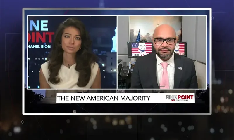 Video still from Fine Point on One America News Network showing a split screen of the host on the left side, and on the right side is the guest, Rich Valdes.