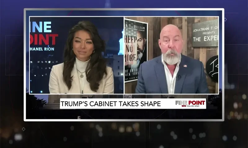 Video still from Fine Point on One America News Network showing a split screen of the host on the left side, and on the right side is the guest, Jonathan T. Gilliam.