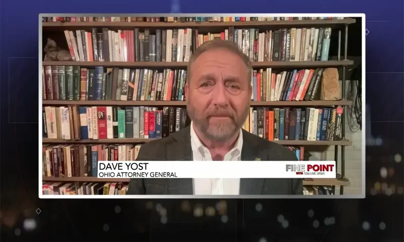Video still from Fine Point on One America News Network during an interview with the guest, Dave Yost.