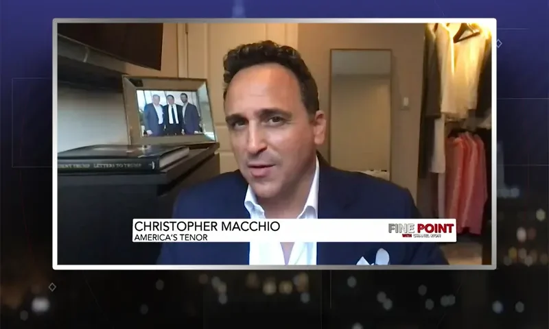 Video still from Fine Point on One America News Network during an interview with the guest, Christopher Macchio.