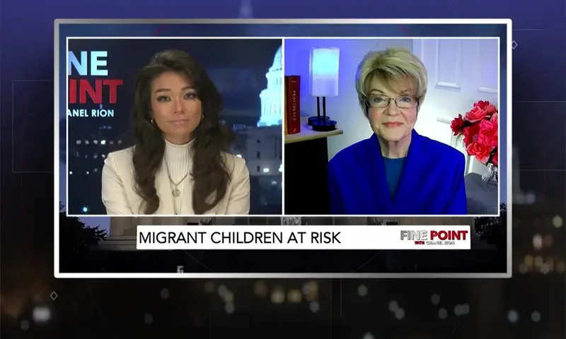 Video still from Fine Point on One America News Network showing a split screen of the host on the left side, and on the right side is the guest, Tara Rodas.
