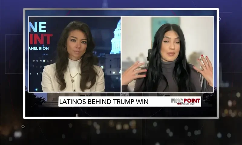 Video still from Fine Point on One America News Network showing a split screen of the host on the left side, and on the right side is the guest, Linda Catalina.