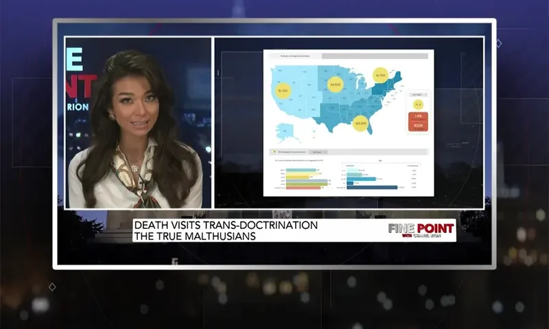 Video still of the host of Fine Point at the desk of their talk show on One America News Network.