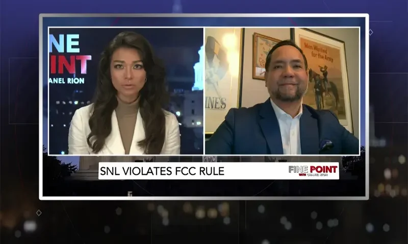 Video still from Fine Point on One America News Network showing a split screen of the host on the left side, and on the right side is the guest, Sean Reyes.