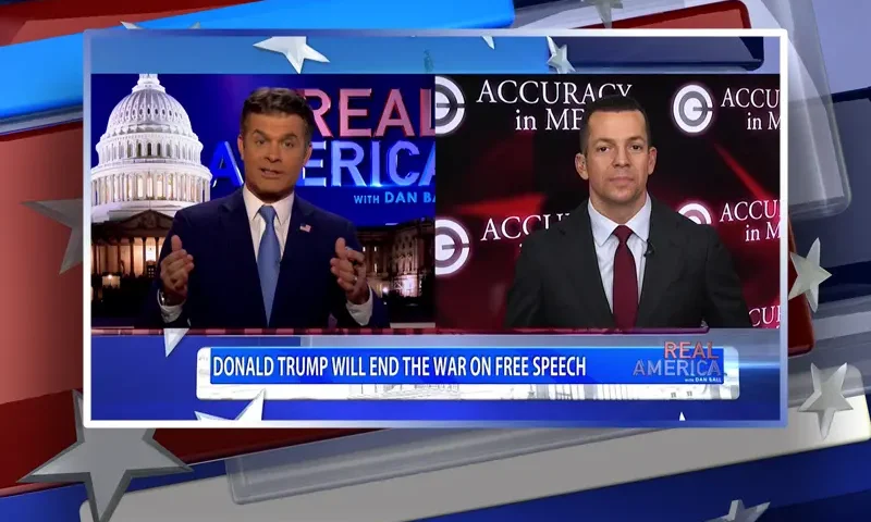 Video still from Real America on One America News Network showing a split screen of the host on the left side, and on the right side is the guest, Adam Guillette.