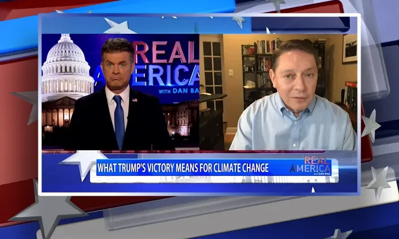 Video still from Real America on One America News Network showing a split screen of the host on the left side, and on the right side is the guest, Steve Milloy.