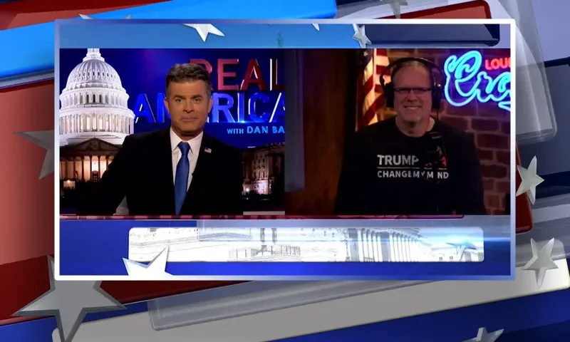 Video still from Real America on One America News Network showing a split screen of the host on the left side, and on the right side is the guest, Gerald Morgan Jr..