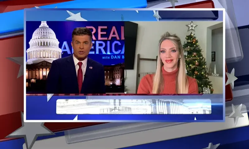 Video still from Real America on One America News Network showing a split screen of the host on the left side, and on the right side is the guest, Kayleigh Kozak.