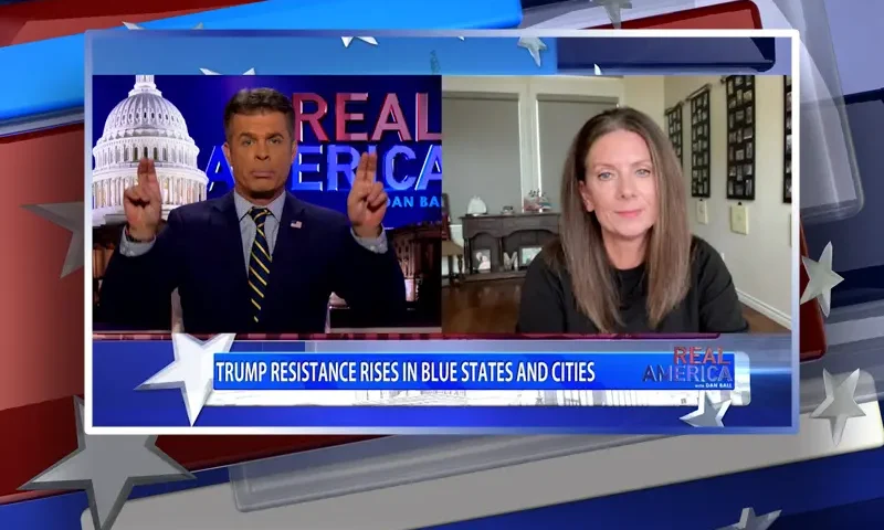 Video still from Real America on One America News Network showing a split screen of the host on the left side, and on the right side is the guest, Melissa Melendez.