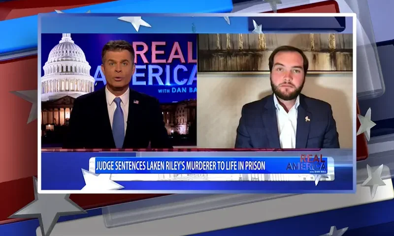 Video still from Real America on One America News Network showing a split screen of the host on the left side, and on the right side is the guest, Colton Moore.