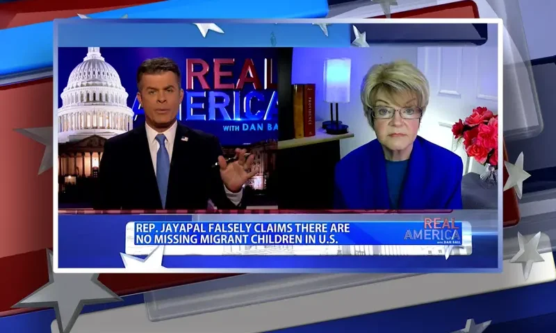 Video still from Real America on One America News Network showing a split screen of the host on the left side, and on the right side is the guest, Tara Rodas.