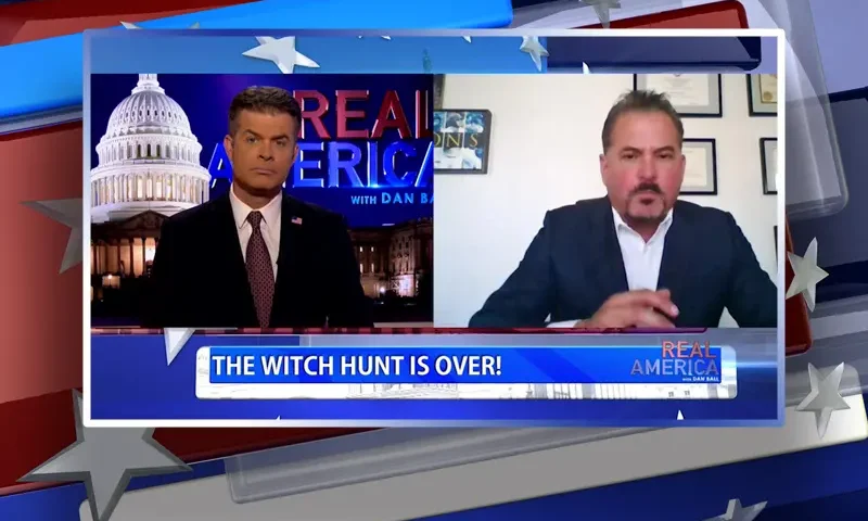 Video still from Real America on One America News Network showing a split screen of the host on the left side, and on the right side is the guest, David Wohl.