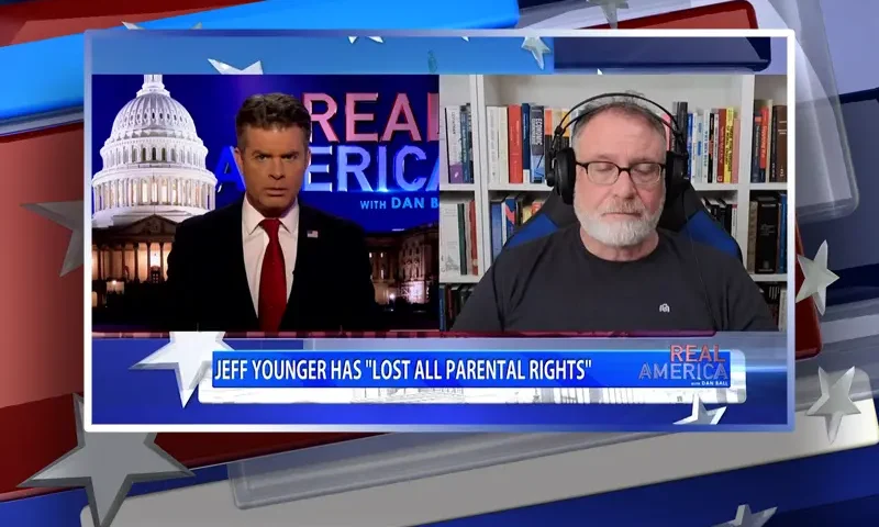 Video still from Real America on One America News Network showing a split screen of the host on the left side, and on the right side is the guest, Jeff Younger.