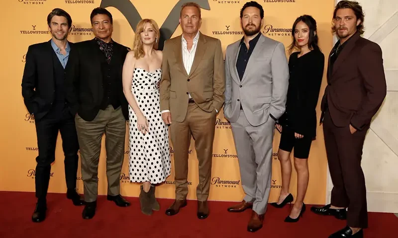 Cast members (L-R) Wes Bentley, Gil Birmingham, Kelly Reilly, Kevin Costner, Cole Hauser, Kelsey Asbille and Luke Grimes pose at a premiere party for season 2 of the television series "Yellowstone" in Los Angeles, California, U.S., May 30, 2019. REUTERS/Mario Anzuoni/File Photo