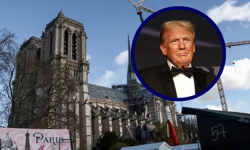 (L) This photograph shows a souvenir painting of Paris monuments at a bouquinette in front of Notre-Dame de Paris cathedral a few days before its reopening, in Paris on December 2, 2024. The Notre-Dame Cathedral is set to re-open early December 2024, with a planned weekend of ceremonies on December 7 and 8, 2024, five years after the 2019 fire which ravaged the world heritage landmark and toppled its spire. (Photo by Behrouz MEHRI / AFP) (Photo by BEHROUZ MEHRI/AFP via Getty Images) / (R) PALM BEACH, FLORIDA - NOVEMBER 14: U.S. President-elect Donald Trump attends the America First Policy Institute Gala held at Mar-a-Lago on November 14, 2024 in Palm Beach, Florida. Trump has been announcing a number of nominees to fill out his upcoming administration. (Photo by Joe Raedle/Getty Images)
