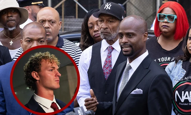 (L) NEW YORK, NEW YORK - JUNE 28: Daniel Penny leaves the courtroom after an arraignment hearing at NYS Supreme Court on June 28, 2023 in New York City. Penny was arrested and initially charged with 2nd Degree Manslaughter in the chokehold death of Jordan Neely. Neely was killed on the F train after being placed in a chokehold at the Broadway-Lafayette station by Penny. Witnesses reported that Neely was acting erratic on the train and screaming about being hungry and tired but had not physically attacked anyone before being placed in the chokehold. (Photo by Michael M. Santiago/Getty Images) / (C-R) Donte Mills, a lawyer for the Neely family, with Andre Zachery (C L), father of Jordan Neely, speaks to the press outside Manhattan criminal court where former US Marine Daniel Penny will be arraigned in connection with the chokehold death of Jordan Neely, in New York, June 28, 2023. (Photo by Yuki IWAMURA / AFP) (Photo by YUKI IWAMURA/AFP via Getty Images)