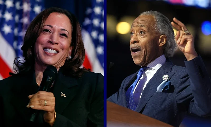(L) KALAMAZOO, MICHIGAN - JULY 17: US Vice President Kamala Harris speaks at a moderated conversation with former Trump administration national security official Olivia Troye and former Republican voter Amanda Stratton on July 17, 2024 in Kalamazoo, Michigan. Harris' visit, following the attempted assassination of former President Trump, makes this her fourth trip to Michigan this year and seventh visit since taking office. (Photo by Chris duMond/Getty Images) / (R) CHICAGO, ILLINOIS - AUGUST 22: Rev. Al Sharpton speaks on stage during the final day of the Democratic National Convention at the United Center on August 22, 2024 in Chicago, Illinois. Delegates, politicians, and Democratic Party supporters are gathering in Chicago, as current Vice President Kamala Harris is named her party's presidential nominee. The DNC takes place from August 19-22. (Photo by Andrew Harnik/Getty Images)