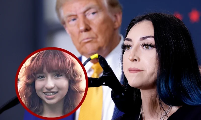 (L) Victim Jocelyn Nungaray, 12. (Photo via: Houston Police Department) / (R) AUSTIN, TEXAS - OCTOBER 25: Republican presidential nominee, former U.S. President Donald Trump, listens as Alexis Nungaray speaks at the Austin-Bergstrom International Airport on October 25, 2024 in Austin, Texas. Nungaray is the mother of 12 year old Jocelyn Nungaray, who was killed by undocumented migrants in June, 2024. Trump will travel to Traverse City, Michigan, to hold a rally as he continues to visit battleground states ahead of the November 5 election. (Photo by Anna Moneymaker/Getty Images)