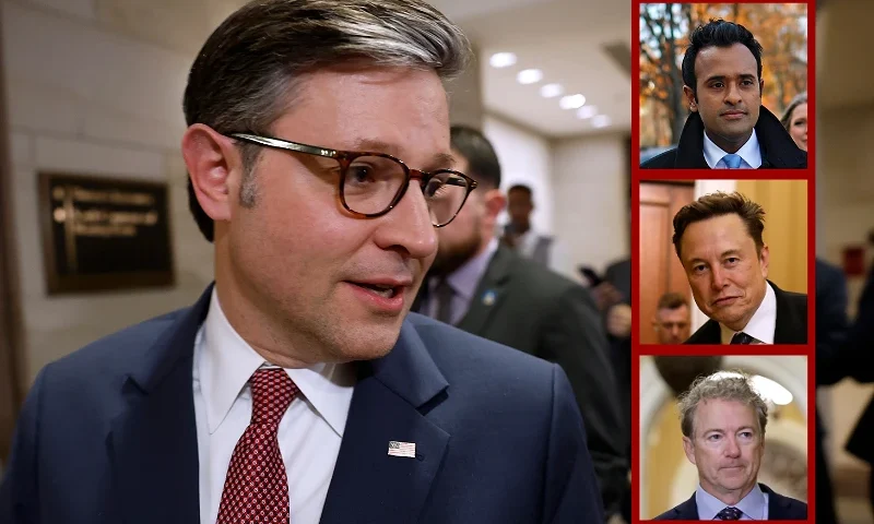 (Left-center) WASHINGTON, DC - DECEMBER 05: U.S. Speaker of the House Mike Johnson (R-LA) speaks to reporters after a meeting with members of Congress, Tesla CEO Elon Musk, and businessman Vivek Ramaswamy, Co-Chairs of the newly announced Department of Government Efficiency (DOGE) on December 05, 2024 in Washington, DC. Musk and Ramaswamy are meeting with members of the U.S. Congress today about DOGE, a planned presidential advisory commission with the goal of cutting government spending and increasing efficiency in the federal workforce. (Photo by Anna Moneymaker/Getty Images) / (R-top) WASHINGTON, DC - DECEMBER 05: Businessman Vivek Ramaswamy, Co-Chair of the newly announced Department of Government Efficiency (DOGE), arrives on Capitol Hill on December 05, 2024 in Washington, DC. Ramaswamy and his Co-Chair, Tesla CEO Elon Musk are meeting with lawmakers today about DOGE, a planned presidential advisory commission with the goal of cutting government spending and increasing efficiency in the federal workforce. (Photo by Anna Moneymaker/Getty Images) / (R-middle) WASHINGTON, DC - DECEMBER 05: Tesla CEO Elon Musk, Co-Chair of the newly announced Department of Government Efficiency (DOGE), arrives on Capitol Hill with his son on December 05, 2024 in Washington, DC. Musk and his Co-Chair, businessman Vivek Ramaswamy are meeting with lawmakers today about DOGE, a planned presidential advisory commission with the goal of cutting government spending and increasing efficiency in the federal workforce. (Photo by Anna Moneymaker/Getty Images) / (R-bottom) WASHINGTON, DC - NOVEMBER 13: U.S. Sen. Rand Paul (R-KY) arrives for the Senate Republican leadership elections at the U.S. Capitol on November 13, 2024 in Washington, DC. The Senate Republicans elected Sen. John Thune (R-SD) as Majority Leader, Sen. John Barrasso (R-WY) as Assistant Majority Leader, Sen. Tom Cotton (R-AR) as Republican Conference Chair, Sen. Shelley Moore Capito (R-WV) as Republican Policy Committee Chair, Sen. James Lankford as Republican Conference Vice Chair and Sen. Tim Scott (R-FL) as National Republican Senatorial Committee Chair for the 119th Congress. (Photo by Kevin Dietsch/Getty Images)