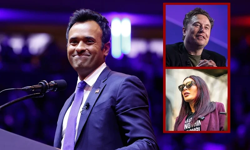 (L-Center) NEW YORK, NEW YORK - OCTOBER 27: Vivek Ramaswamy speaks before Republican presidential nominee, former U.S. President Donald Trump takes the stage at the campaign rally at Madison Square Garden on October 27, 2024 in New York City. Trump closed out his weekend of campaigning in New York City with a guest list of speakers that includes his running mate Republican vice presidential nominee, U.S. Sen. J.D. Vance (R-OH), Tesla CEO Elon Musk, UFC CEO Dana White, and House Speaker Mike Johnson (R-LA), among others, nine days before Election Day. (Photo by Anna Moneymaker/Getty Images) / (R-Top) BEVERLY HILLS, CALIFORNIA - MAY 6: Elon Musk, co-founder of Tesla and SpaceX and owner of X Holdings Corp., speaks at the Milken Institute's Global Conference at the Beverly Hilton Hotel,on May 6, 2024 in Beverly Hills, California. The 27th annual global conference explores various topics, from the rise of generative AI to electric vehicle trends and features participants, soccer star David Beckham and actor Ashton Kutcher. (Photo by Apu Gomes/Getty Images) / (R-Bottom) NEW YORK, NEW YORK - APRIL 15: Far-right activist Laura Loomer speaks to the media prior to the beginning of former President Donald Trump's Trial at Manhattan Criminal Court on April 15, 2024 in New York City. Jury selection is set to begin in the former president's criminal trial. Trump faces 34 felony counts of falsifying business records in the first of his criminal cases to go to trial. This is the first-ever criminal trial of a former president of the United States. (Photo by David Dee Delgado/Getty Images)