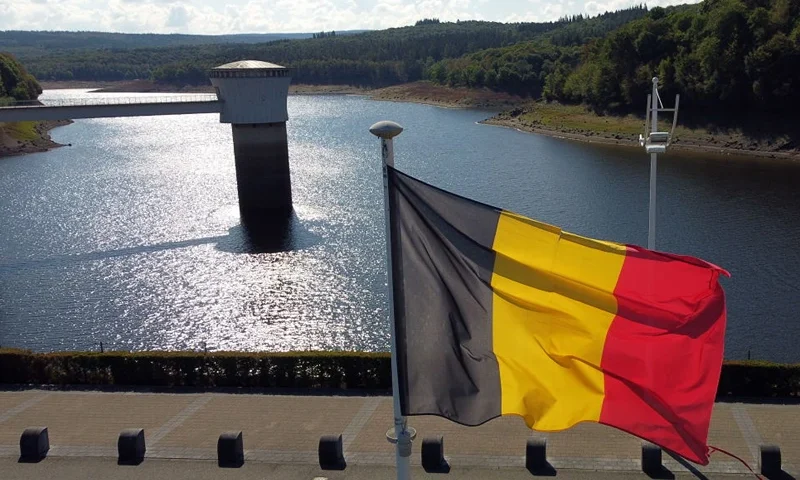 Aerial drone picture shows the Belgian flag at the 'Barrage de la Gileppe' arch-gravity dam on the Gileppe river in Jalhay, Liege province, on Thursday 01 September 2022. BELGA PHOTO ERIC LALMAND (Photo by ERIC LALMAND / BELGA MAG / Belga via AFP) (Photo by ERIC LALMAND/BELGA MAG/AFP via Getty Images)