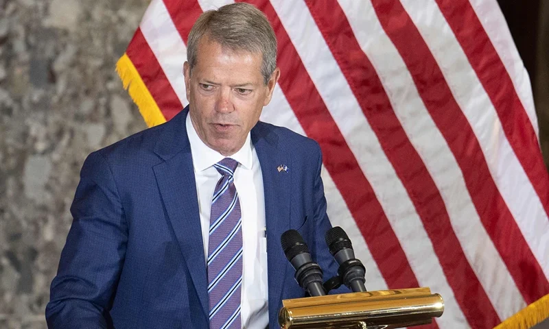 Nebraska Governor Jim Pillen speaks during a statue dedication ceremony for US writer and novelist Willa Cather, in Statuary Hall of the US Capitol in Washington, DC, on June 7, 2023. (Photo by Jim WATSON / AFP) (Photo by JIM WATSON/AFP via Getty Images)