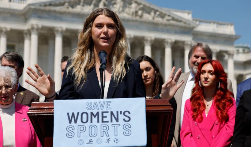 WASHINGTON, DC - APRIL 20: Lee University student athlete Macy Petty speaks during an event celebrating the House of Representatives passing The Protection Of Women And Girls In Sports Act outside the U.S. Capitol on April 20, 2023 in Washington, DC. President Joe Biden has promised to veto the legislation, which defines sex as 'based solely on a person’s reproductive biology and genetics at birth' and would ban all transgender women and girls from competing in female school sports. (Photo by Chip Somodevilla/Getty Images)