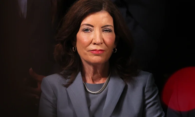 NEW YORK, NEW YORK - JULY 31: NY Gov. Kathy Hochul attends a press conference on gun violence prevention and public safety on July 31, 2023 in New York City. Mayor Adams was joined by NY Gov. Kathy Hochul, NY Attorney General Letitia James, and members of local and state government and violence interruption groups to unveil NYC's Gun Violence Prevention Task Force blueprint for community safety. The task force's $485 million blueprint will bring people together from across 20 agencies that specialize in public safety, health care, workforce development, and education to help stop gun violence in the communities most impacted by it. (Photo by Michael M. Santiago/Getty Images)