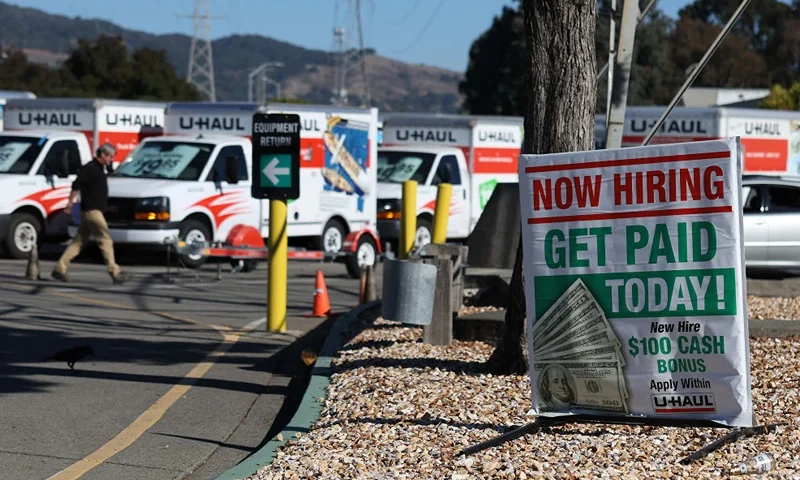 SAN RAFAEL, CALIFORNIA - NOVEMBER 03: A now hiring sign is posted in front of a U-Haul rental center on November 03, 2023 in San Rafael, California. According to a report by the Bureau of Labor Statistics, job growth slowed in October with a total of 150,000 new jobs added compared to analyst expectations of 180,000. The unemployment rate inched up to 3.9% from 3.8%. (Photo by Justin Sullivan/Getty Images)