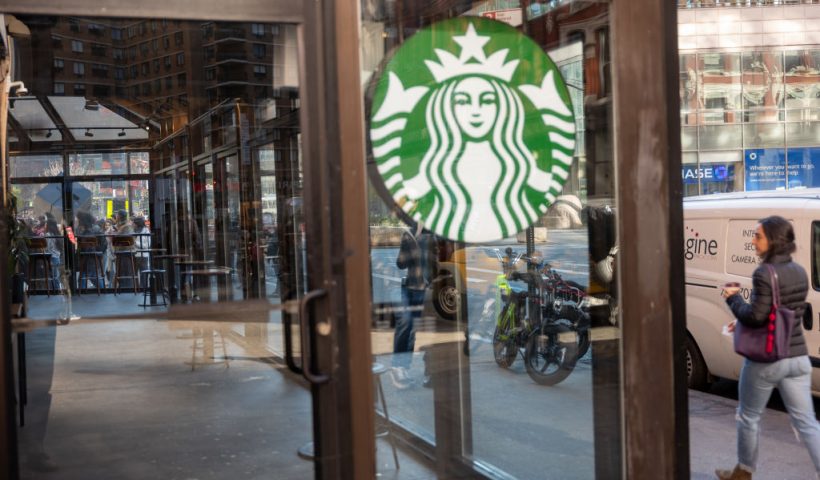 NEW YORK CITY - NOVEMBER 16: A Starbucks store stands nearly empty in New York's East Village as Starbucks Workers United have announced that they are waging the company's largest strike Thursday on the coffee company's Red Cup Day on November 16, 2023 in New York City. Across the country, thousands of Starbucks workers from around 200 unionized stores will go on strike on the annual Red Cup Day which gives customers a free reusable cup after ordering a holiday drink. The union has said it is demanding that the company bargain on issues including staffing and scheduling. (Photo by Spencer Platt/Getty Images)