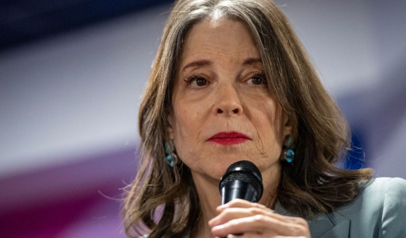 Democratic presidential hopeful Marianne Williamson speaks during a campaign event at Teatotaller's Cafe in Concord, New Hampshire, on January 17, 2024. (Photo by Joseph Prezioso / AFP) (Photo by JOSEPH PREZIOSO/AFP via Getty Images)